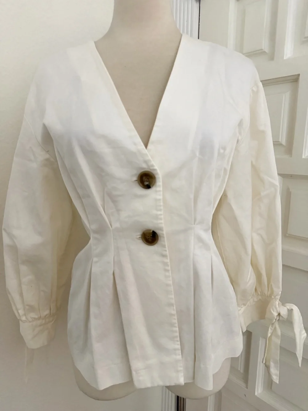 Zara Breathable Cotton Linen Blend Puff Sleeve Blouse w Bow Details Pleated XS